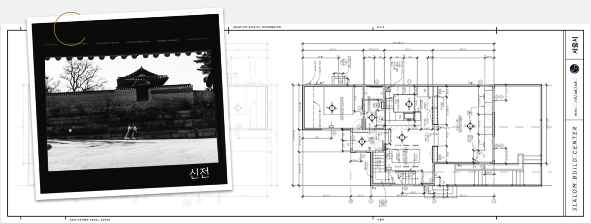 Graphic composition with photo of a pagoda and an office layout blueprint.